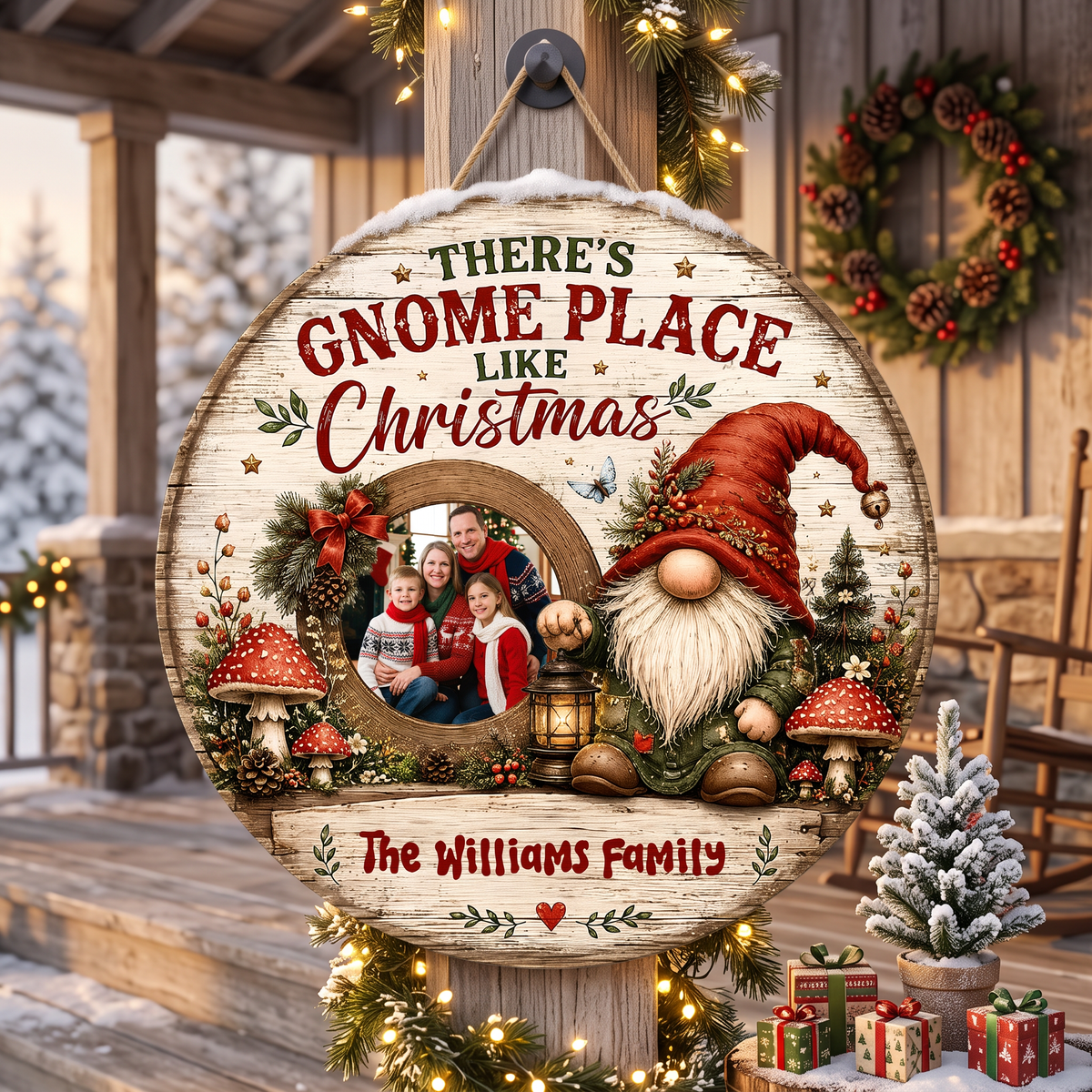 Personalized There's Gnome Place Like Christmas Photo Custom Shape Wood Sign, Custom Family Picture Name Nordic Gnome Lantern Wooden Hanging Plaque, Rustic Holiday Door & Wall Decor Family Gift