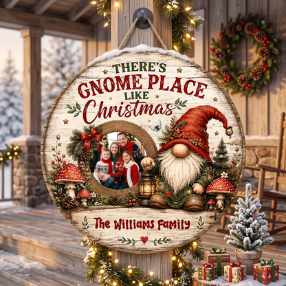 Personalized There's Gnome Place Like Christmas Photo Custom Shape Wood Sign, Custom Family Picture Name Nordic Gnome Lantern Wooden Hanging Plaque, Rustic Holiday Door & Wall Decor Family Gift