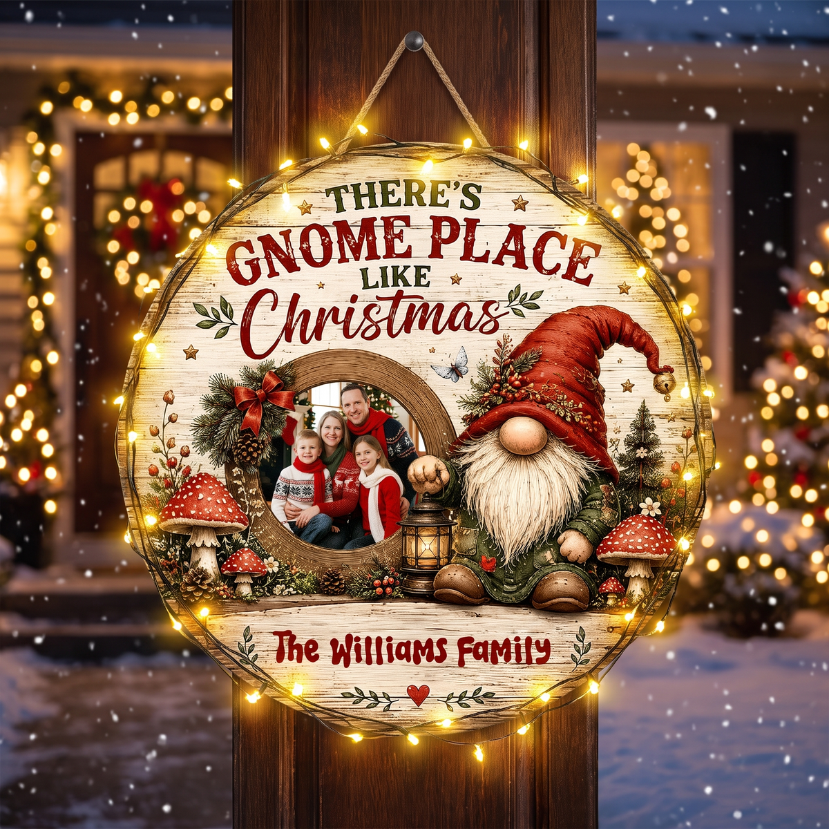 Personalized There's Gnome Place Like Christmas Photo Custom Shape Wood Sign, Custom Family Picture Name Nordic Gnome Lantern Wooden Hanging Plaque, Rustic Holiday Door & Wall Decor Family Gift