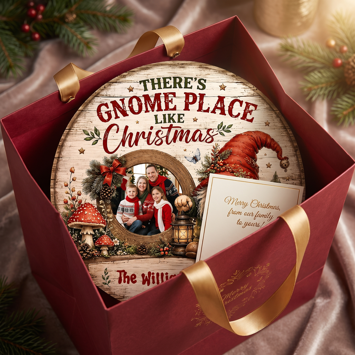 Personalized There's Gnome Place Like Christmas Photo Custom Shape Wood Sign, Custom Family Picture Name Nordic Gnome Lantern Wooden Hanging Plaque, Rustic Holiday Door & Wall Decor Family Gift