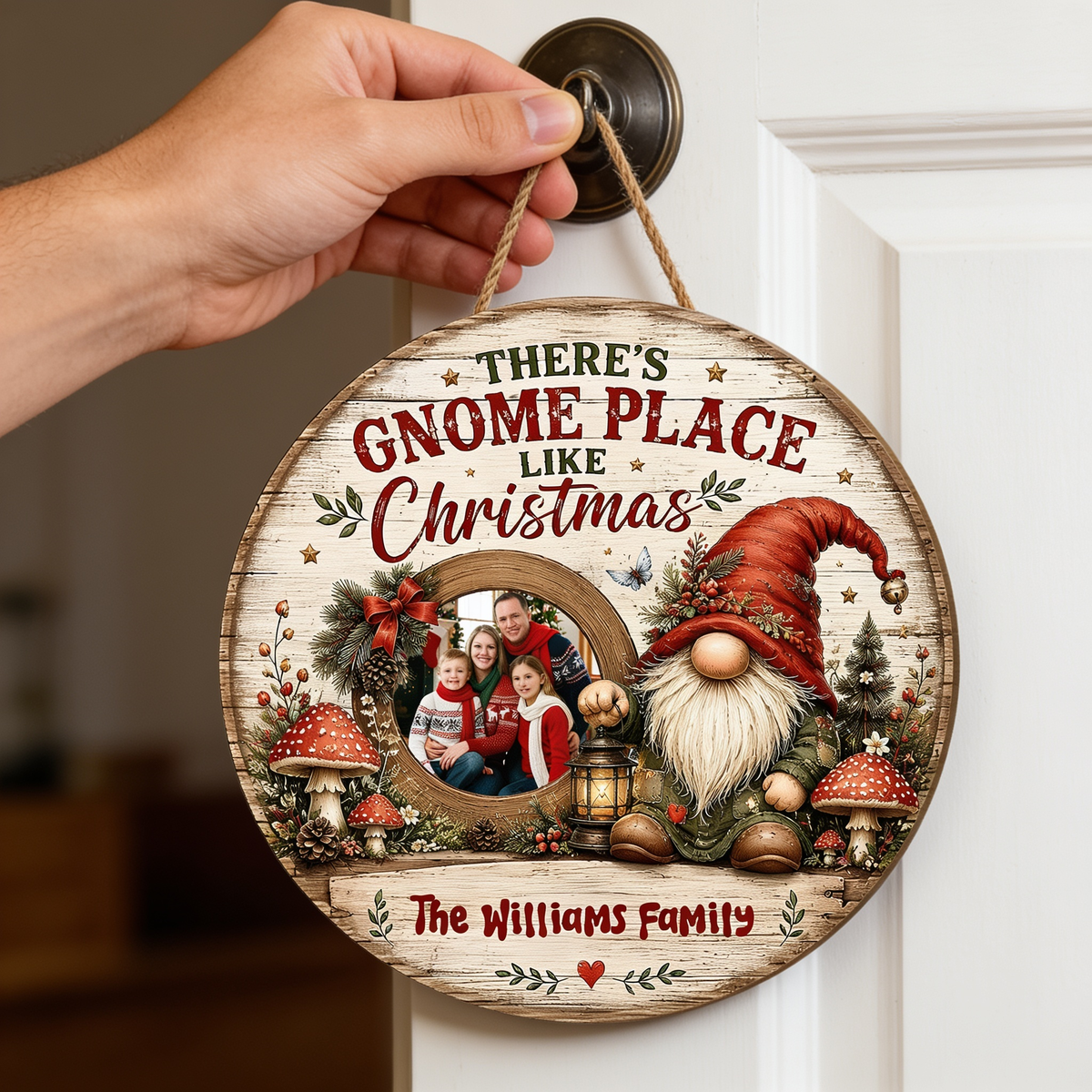 Personalized There's Gnome Place Like Christmas Photo Custom Shape Wood Sign, Custom Family Picture Name Nordic Gnome Lantern Wooden Hanging Plaque, Rustic Holiday Door & Wall Decor Family Gift