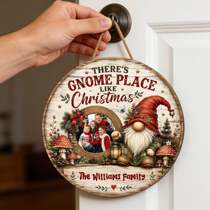 Personalized There's Gnome Place Like Christmas Photo Custom Shape Wood Sign, Custom Family Picture Name Nordic Gnome Lantern Wooden Hanging Plaque, Rustic Holiday Door & Wall Decor Family Gift