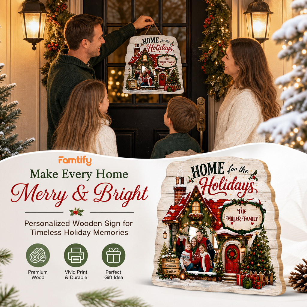 Personalized Home For The Holidays Custom Shape Wood Sign, Custom Family Photo Name Cozy Winter House Wooden Hanging Plaque, Rustic Christmas Door & Wall Decor Family Gift