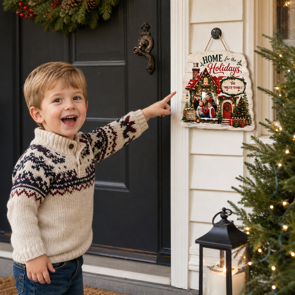 Personalized Home For The Holidays Custom Shape Wood Sign, Custom Family Photo Name Cozy Winter House Wooden Hanging Plaque, Rustic Christmas Door & Wall Decor Family Gift