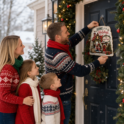 Personalized Home For The Holidays Custom Shape Wood Sign, Custom Family Photo Name Cozy Winter House Wooden Hanging Plaque, Rustic Christmas Door & Wall Decor Family Gift