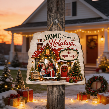 Personalized Home For The Holidays Custom Shape Wood Sign, Custom Family Photo Name Cozy Winter House Wooden Hanging Plaque, Rustic Christmas Door & Wall Decor Family Gift