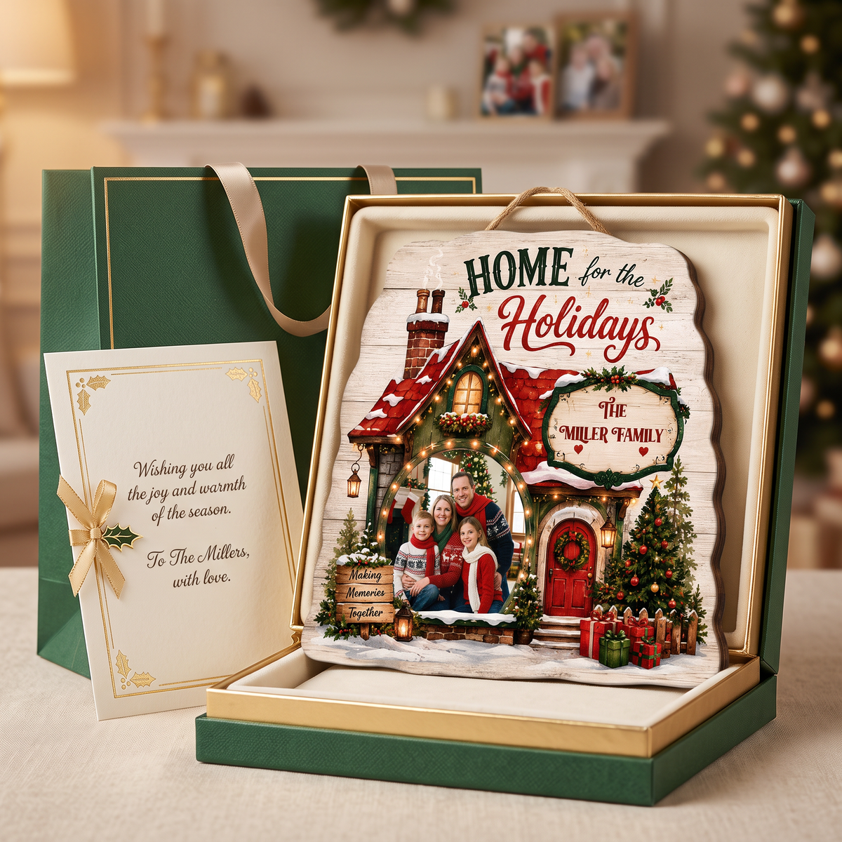 Personalized Home For The Holidays Custom Shape Wood Sign, Custom Family Photo Name Cozy Winter House Wooden Hanging Plaque, Rustic Christmas Door & Wall Decor Family Gift