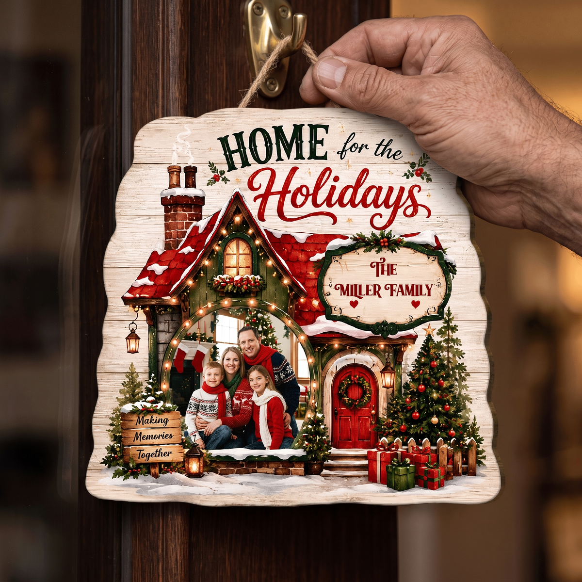 Personalized Home For The Holidays Custom Shape Wood Sign, Custom Family Photo Name Cozy Winter House Wooden Hanging Plaque, Rustic Christmas Door & Wall Decor Family Gift