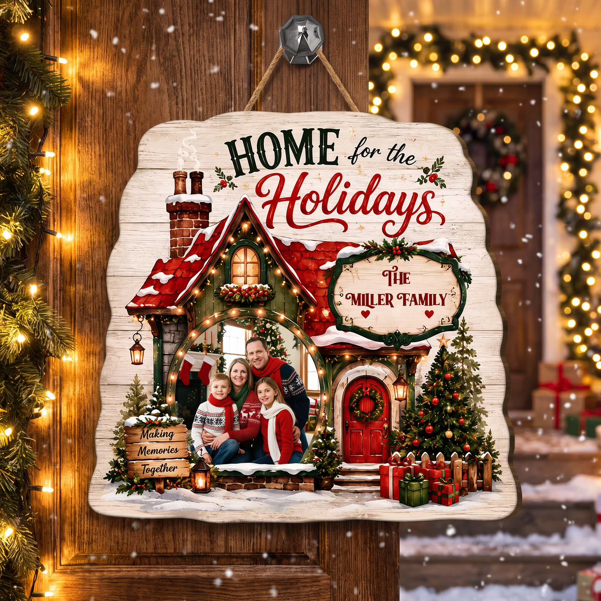 Personalized Home For The Holidays Custom Shape Wood Sign, Custom Family Photo Name Cozy Winter House Wooden Hanging Plaque, Rustic Christmas Door & Wall Decor Family Gift