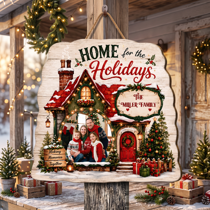 Personalized Home For The Holidays Custom Shape Wood Sign, Custom Family Photo Name Cozy Winter House Wooden Hanging Plaque, Rustic Christmas Door & Wall Decor Family Gift