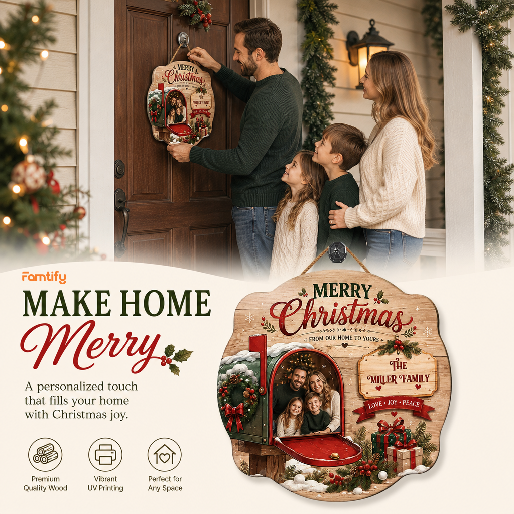 Personalized Merry Christmas Mailbox Photo Custom Shape Wood Sign, Custom Family Picture Name From Our Home To Yours Wooden Hanging Plaque, Festive Holiday Door & Wall Decor Family Gift