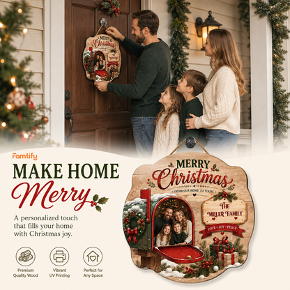 Personalized Merry Christmas Mailbox Photo Custom Shape Wood Sign, Custom Family Picture Name From Our Home To Yours Wooden Hanging Plaque, Festive Holiday Door & Wall Decor Family Gift