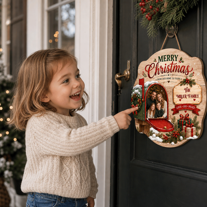 Personalized Merry Christmas Mailbox Photo Custom Shape Wood Sign, Custom Family Picture Name From Our Home To Yours Wooden Hanging Plaque, Festive Holiday Door & Wall Decor Family Gift