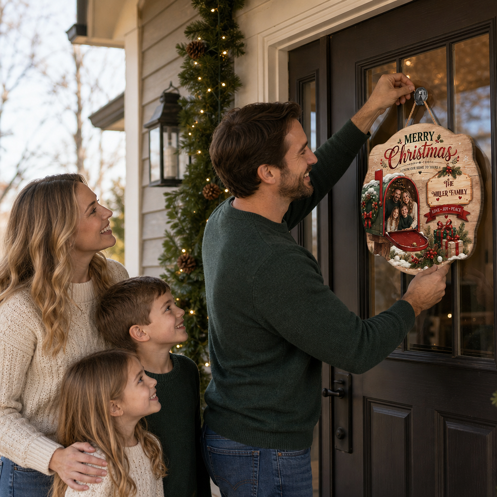 Personalized Merry Christmas Mailbox Photo Custom Shape Wood Sign, Custom Family Picture Name From Our Home To Yours Wooden Hanging Plaque, Festive Holiday Door & Wall Decor Family Gift