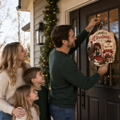 Personalized Merry Christmas Mailbox Photo Custom Shape Wood Sign, Custom Family Picture Name From Our Home To Yours Wooden Hanging Plaque, Festive Holiday Door & Wall Decor Family Gift