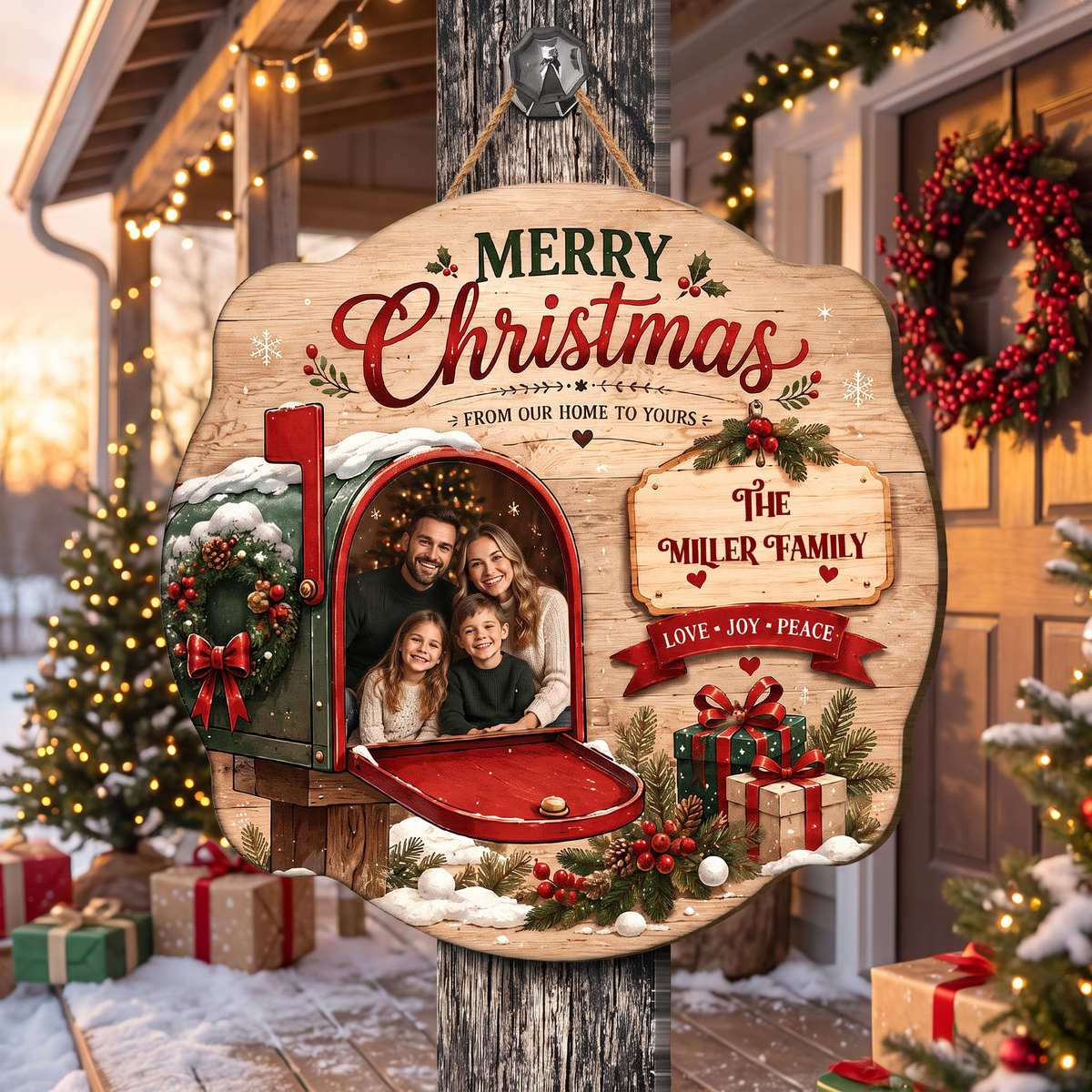 Personalized Merry Christmas Mailbox Photo Custom Shape Wood Sign, Custom Family Picture Name From Our Home To Yours Wooden Hanging Plaque, Festive Holiday Door & Wall Decor Family Gift