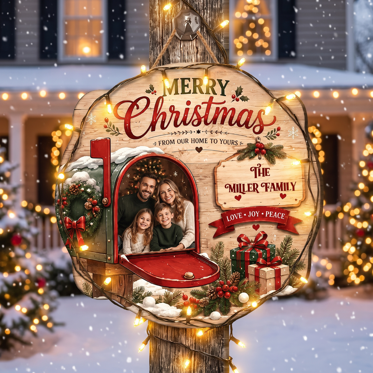 Personalized Merry Christmas Mailbox Photo Custom Shape Wood Sign, Custom Family Picture Name From Our Home To Yours Wooden Hanging Plaque, Festive Holiday Door & Wall Decor Family Gift