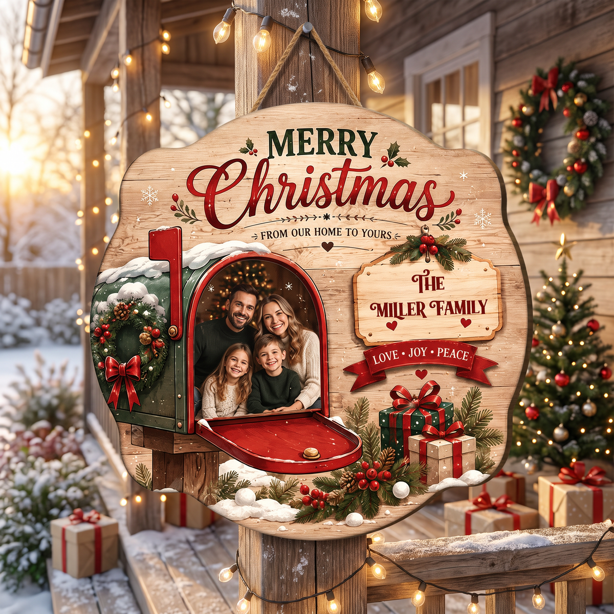 Personalized Merry Christmas Mailbox Photo Custom Shape Wood Sign, Custom Family Picture Name From Our Home To Yours Wooden Hanging Plaque, Festive Holiday Door & Wall Decor Family Gift