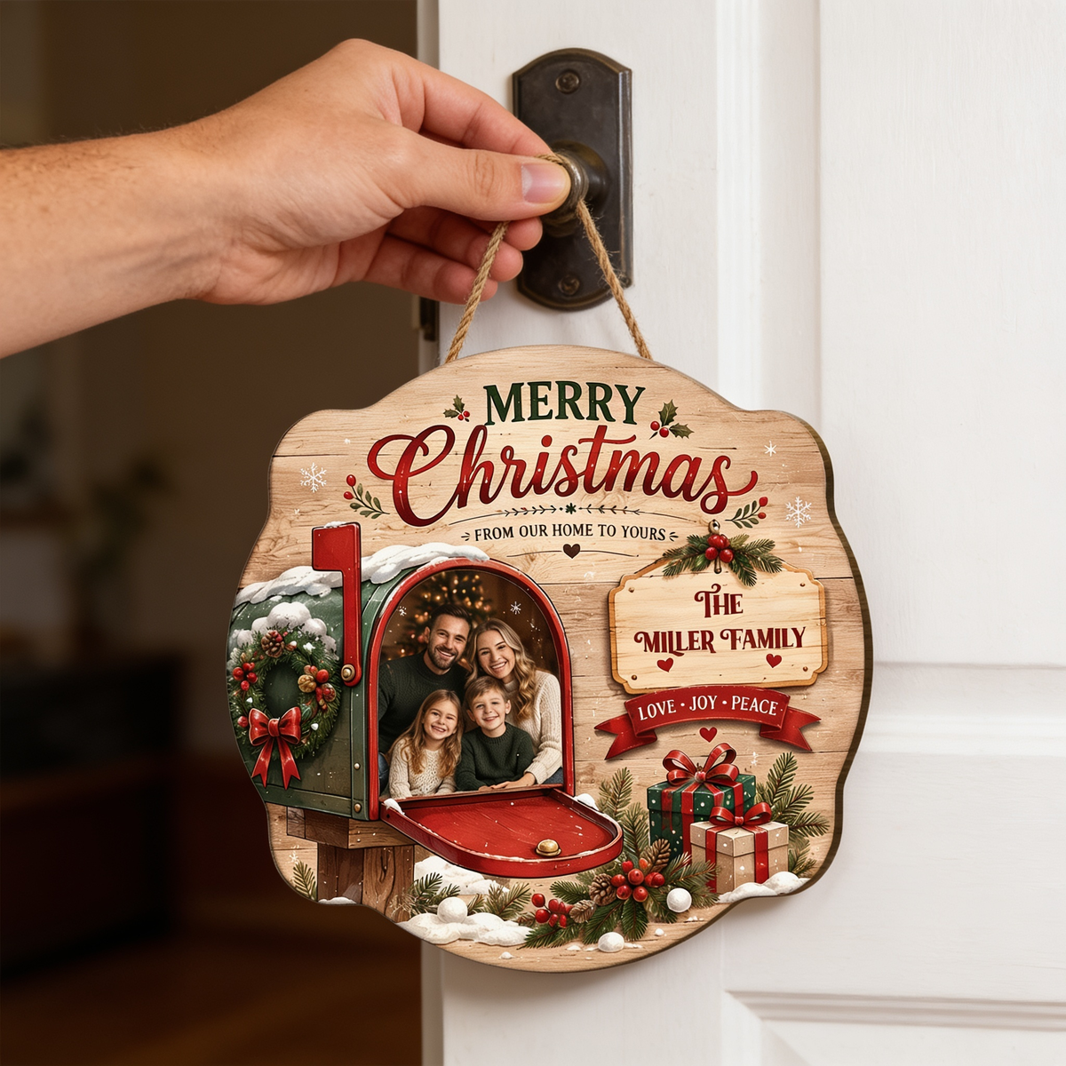 Personalized Merry Christmas Mailbox Photo Custom Shape Wood Sign, Custom Family Picture Name From Our Home To Yours Wooden Hanging Plaque, Festive Holiday Door & Wall Decor Family Gift