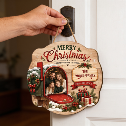 Personalized Merry Christmas Mailbox Photo Custom Shape Wood Sign, Custom Family Picture Name From Our Home To Yours Wooden Hanging Plaque, Festive Holiday Door & Wall Decor Family Gift
