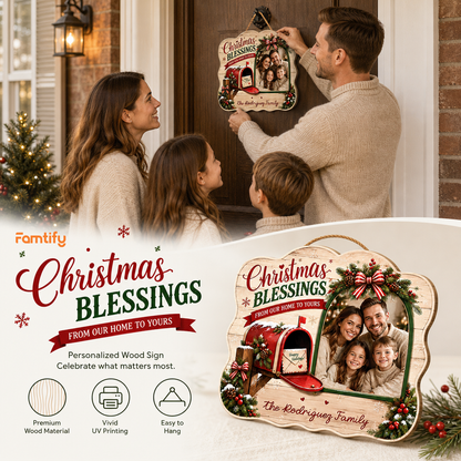 Personalized Christmas Blessings Mailbox Photo Custom Shape Wood Sign, Custom Family Picture Name From Our Home To Yours Wooden Hanging Plaque, Festive Holiday Door & Wall Decor Family Gift