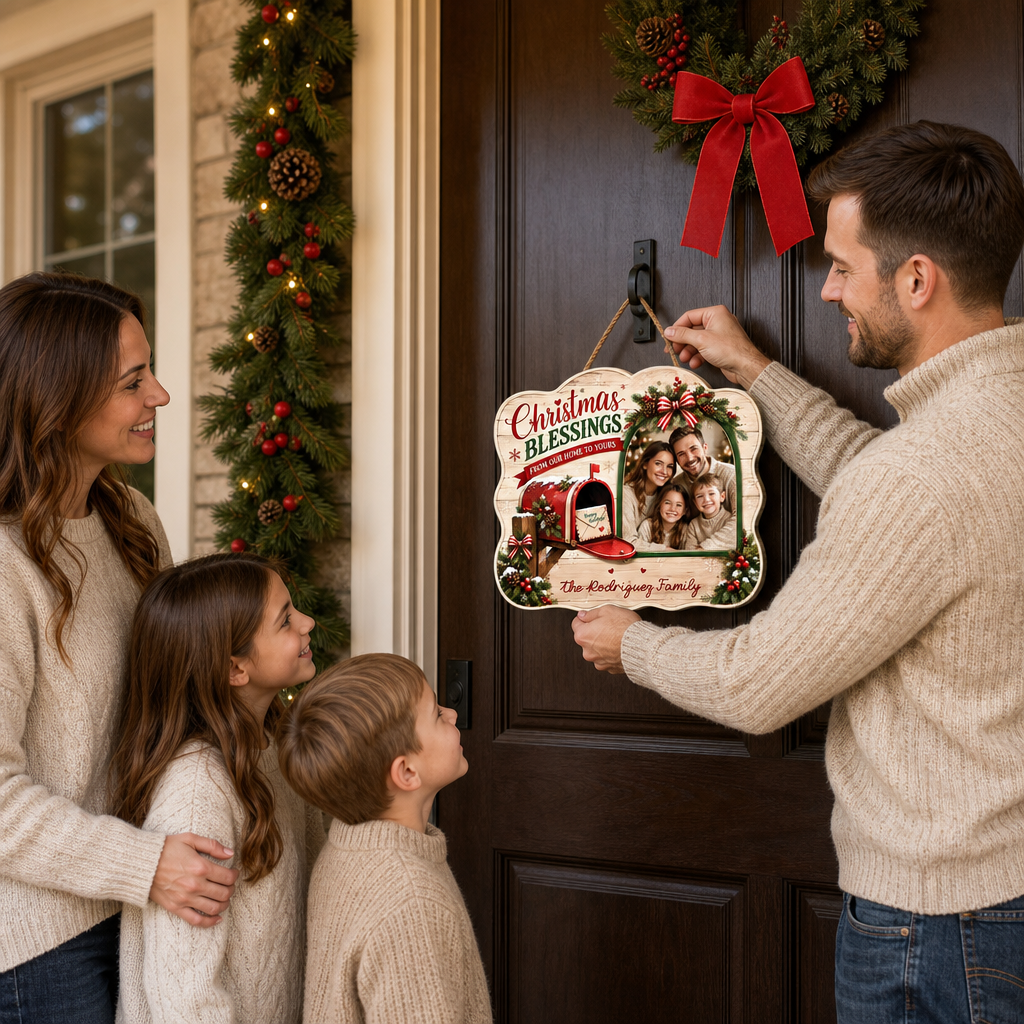 Personalized Christmas Blessings Mailbox Photo Custom Shape Wood Sign, Custom Family Picture Name From Our Home To Yours Wooden Hanging Plaque, Festive Holiday Door & Wall Decor Family Gift