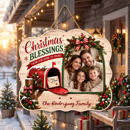 Personalized Christmas Blessings Mailbox Photo Custom Shape Wood Sign, Custom Family Picture Name From Our Home To Yours Wooden Hanging Plaque, Festive Holiday Door & Wall Decor Family Gift