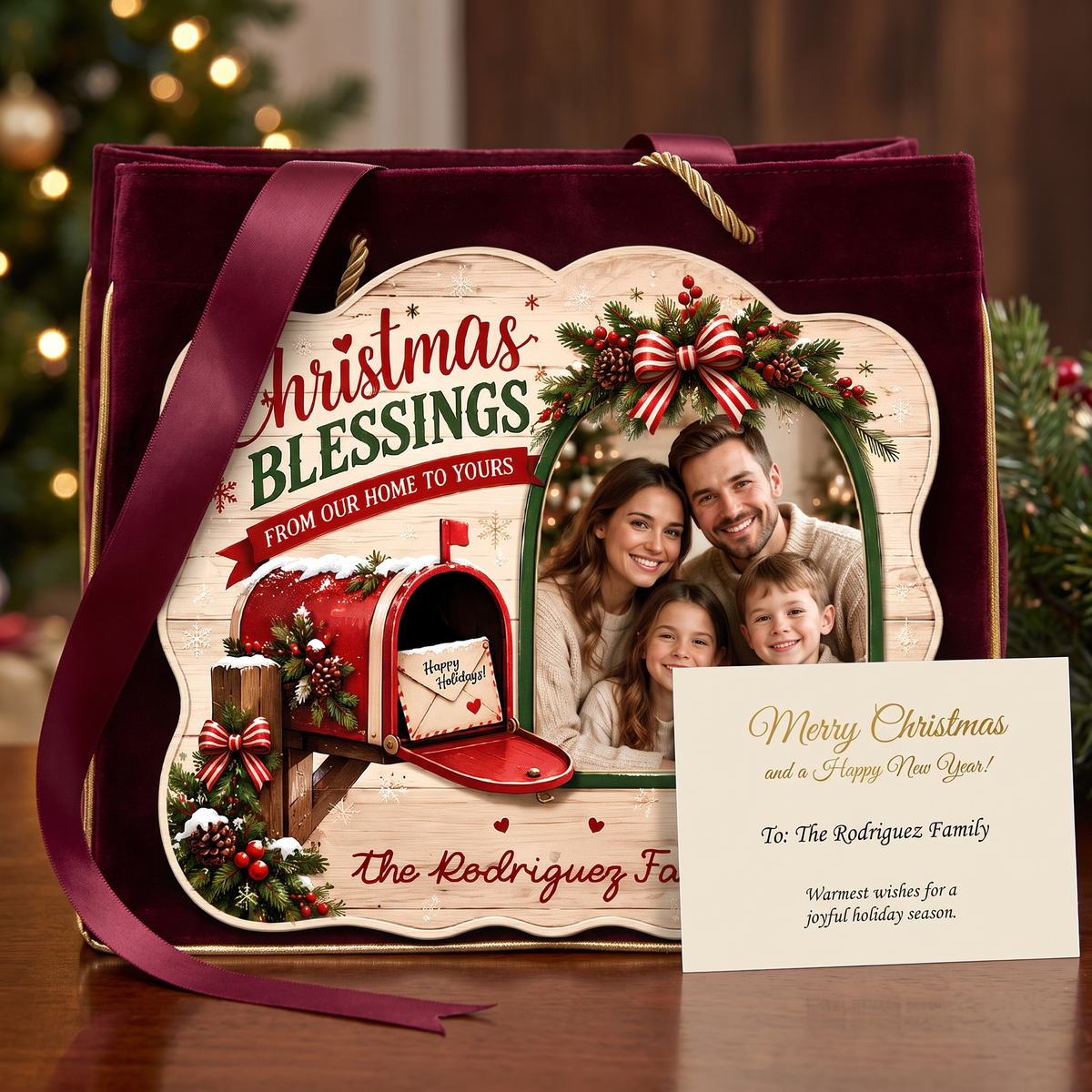 Personalized Christmas Blessings Mailbox Photo Custom Shape Wood Sign, Custom Family Picture Name From Our Home To Yours Wooden Hanging Plaque, Festive Holiday Door & Wall Decor Family Gift