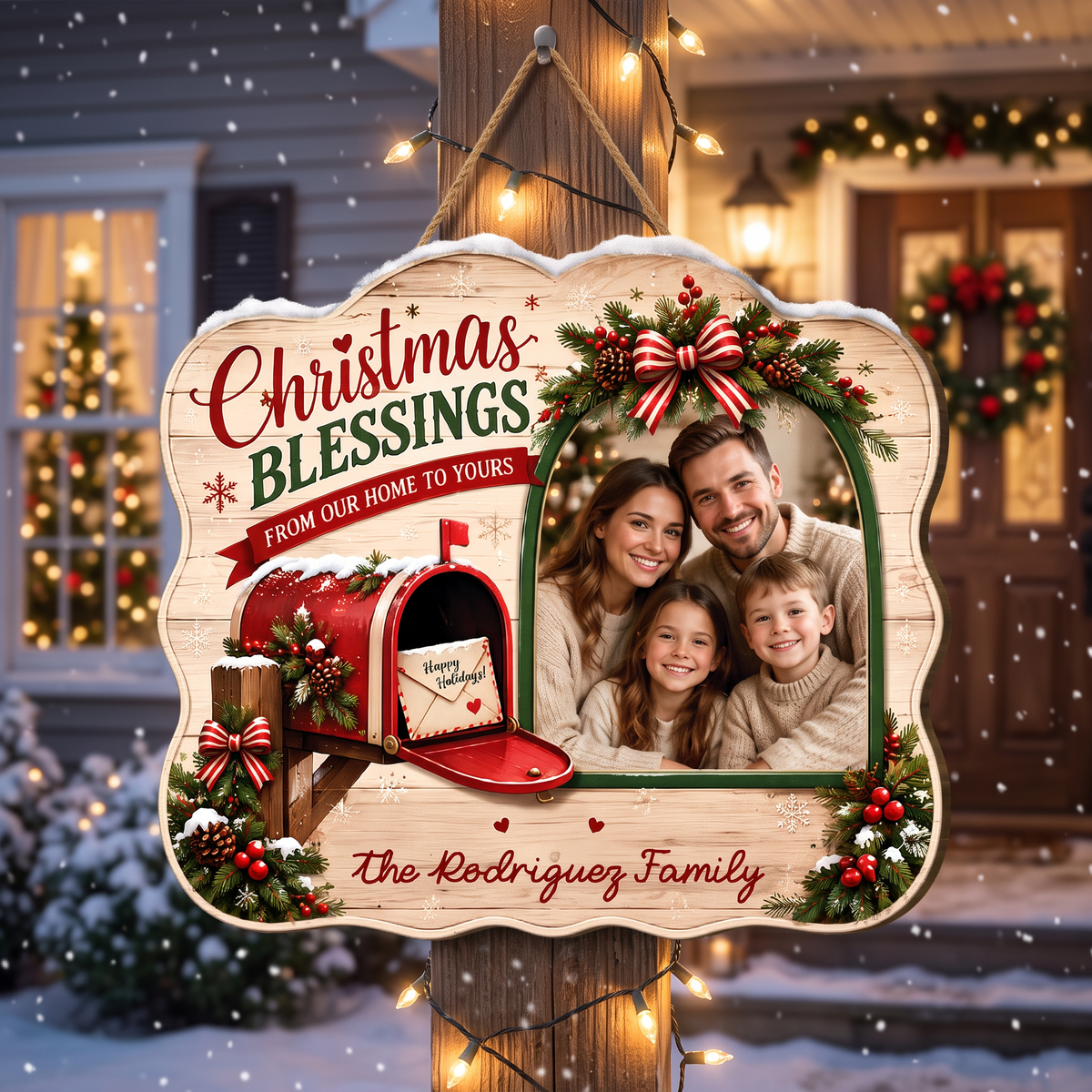 Personalized Christmas Blessings Mailbox Photo Custom Shape Wood Sign, Custom Family Picture Name From Our Home To Yours Wooden Hanging Plaque, Festive Holiday Door & Wall Decor Family Gift