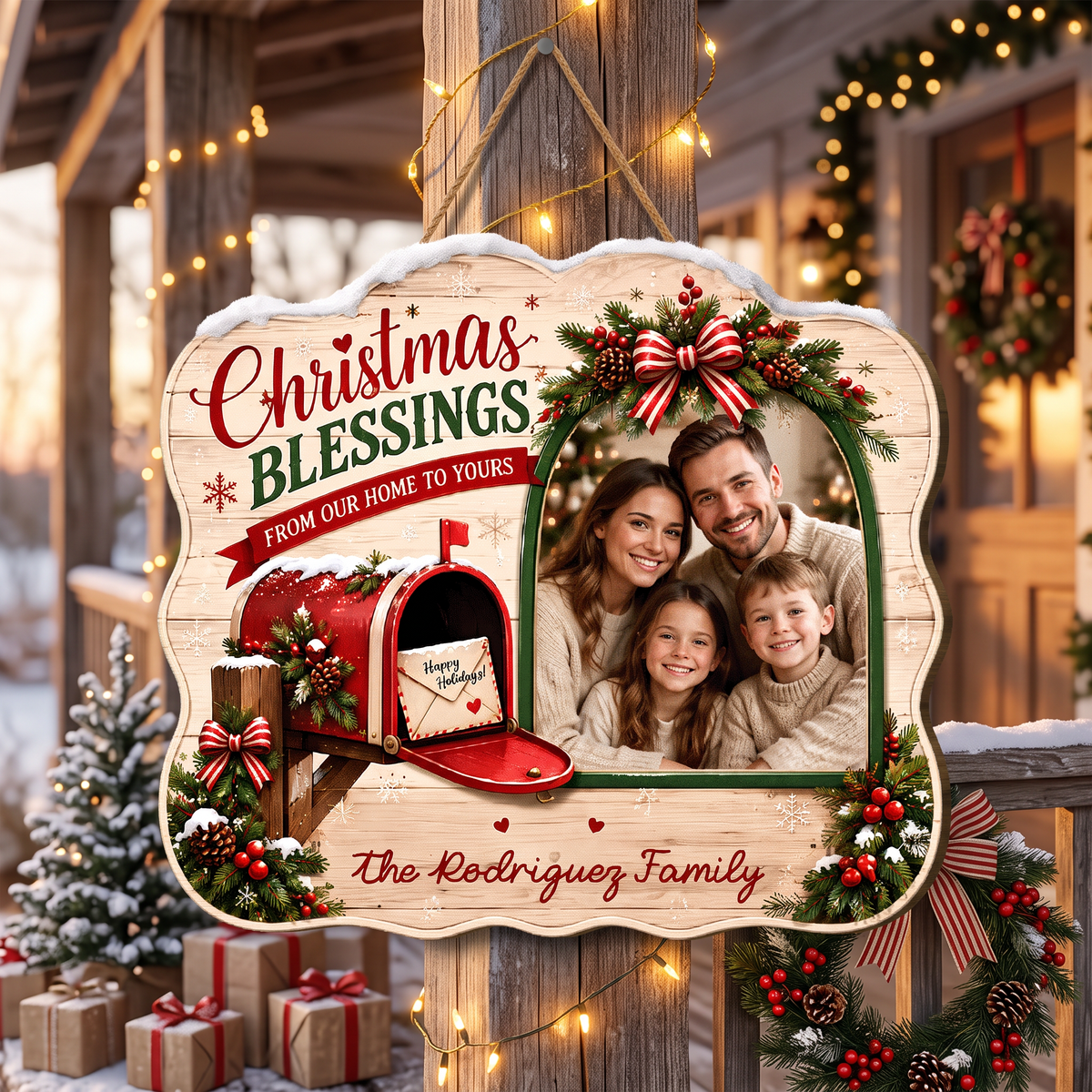Personalized Christmas Blessings Mailbox Photo Custom Shape Wood Sign, Custom Family Picture Name From Our Home To Yours Wooden Hanging Plaque, Festive Holiday Door & Wall Decor Family Gift