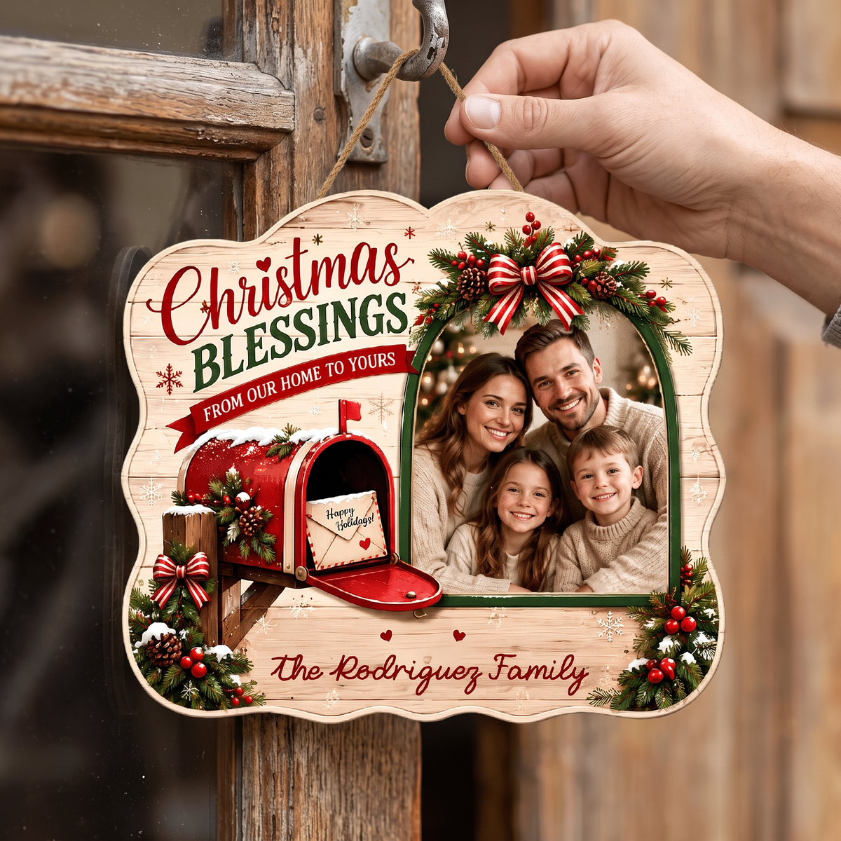 Personalized Christmas Blessings Mailbox Photo Custom Shape Wood Sign, Custom Family Picture Name From Our Home To Yours Wooden Hanging Plaque, Festive Holiday Door & Wall Decor Family Gift
