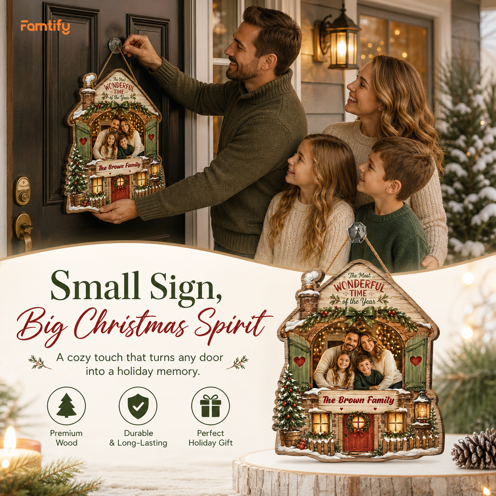 Personalized The Most Wonderful Time Of The Year Custom Shape Wood Sign, Custom Family Photo Name Rustic Cabin House Wooden Hanging Plaque, Festive Holiday Door & Wall Decor Family Gift