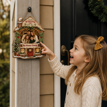 Personalized The Most Wonderful Time Of The Year Custom Shape Wood Sign, Custom Family Photo Name Rustic Cabin House Wooden Hanging Plaque, Festive Holiday Door & Wall Decor Family Gift