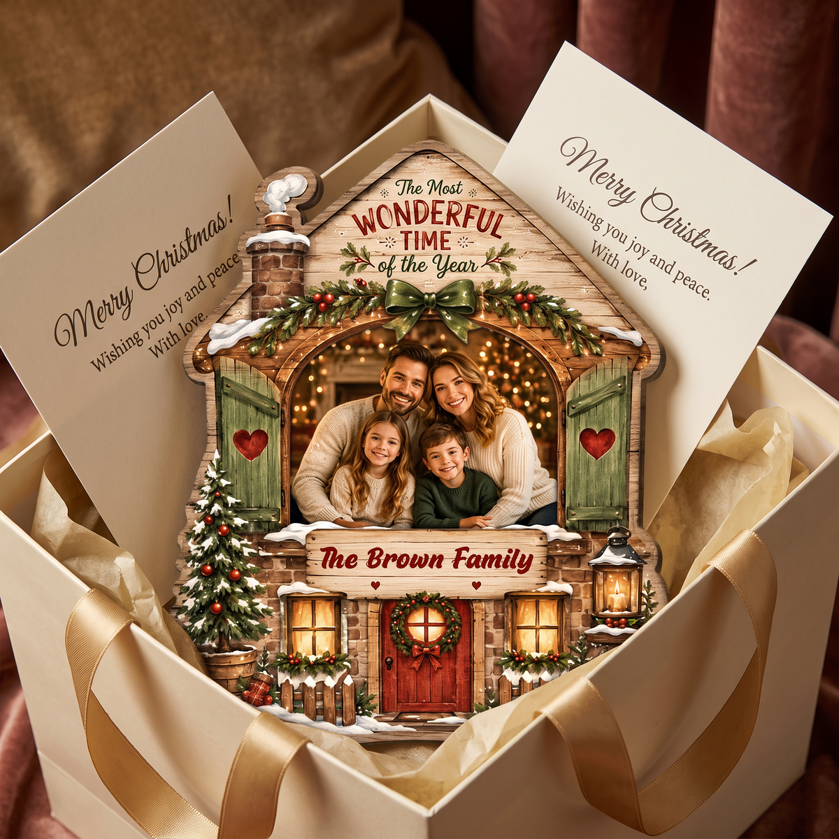 Personalized The Most Wonderful Time Of The Year Custom Shape Wood Sign, Custom Family Photo Name Rustic Cabin House Wooden Hanging Plaque, Festive Holiday Door & Wall Decor Family Gift