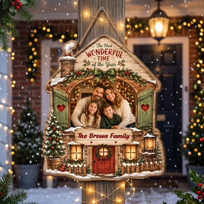 Personalized The Most Wonderful Time Of The Year Custom Shape Wood Sign, Custom Family Photo Name Rustic Cabin House Wooden Hanging Plaque, Festive Holiday Door & Wall Decor Family Gift