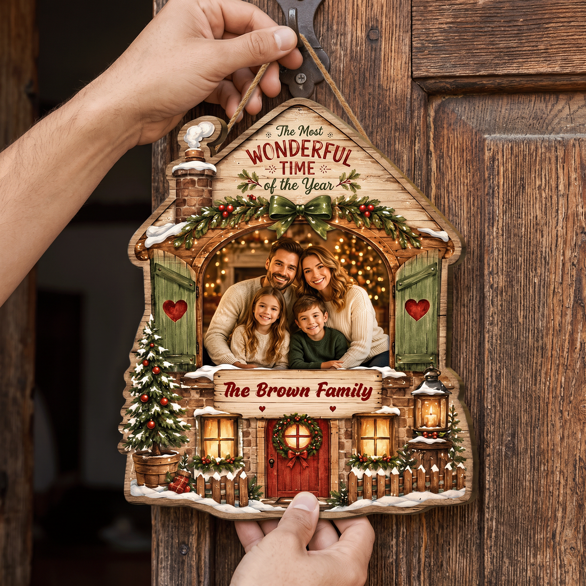 Personalized The Most Wonderful Time Of The Year Custom Shape Wood Sign, Custom Family Photo Name Rustic Cabin House Wooden Hanging Plaque, Festive Holiday Door & Wall Decor Family Gift