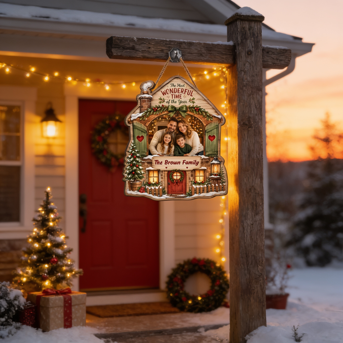 Personalized The Most Wonderful Time Of The Year Custom Shape Wood Sign, Custom Family Photo Name Rustic Cabin House Wooden Hanging Plaque, Festive Holiday Door & Wall Decor Family Gift