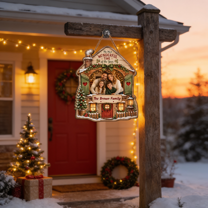 Personalized The Most Wonderful Time Of The Year Custom Shape Wood Sign, Custom Family Photo Name Rustic Cabin House Wooden Hanging Plaque, Festive Holiday Door & Wall Decor Family Gift