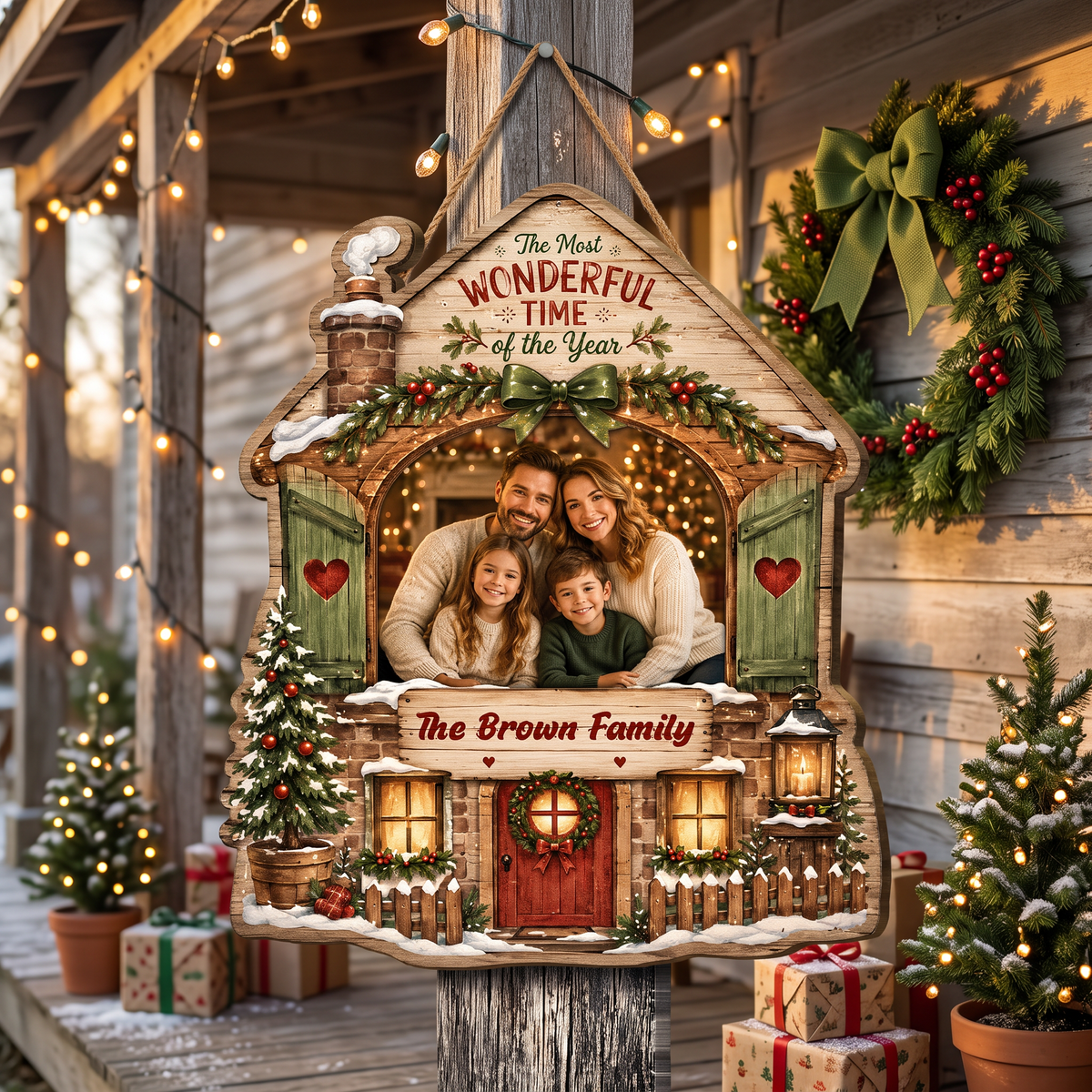 Personalized The Most Wonderful Time Of The Year Custom Shape Wood Sign, Custom Family Photo Name Rustic Cabin House Wooden Hanging Plaque, Festive Holiday Door & Wall Decor Family Gift