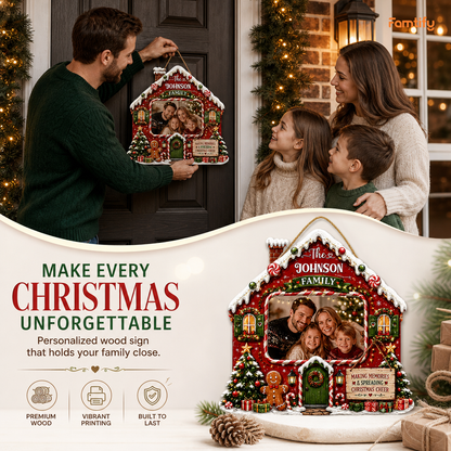 Personalized Gingerbread House Photo Custom Shape Wood Sign, Custom Family Picture Name Making Memories Wooden Hanging Plaque, Festive Christmas Door & Wall Decor Family Gift