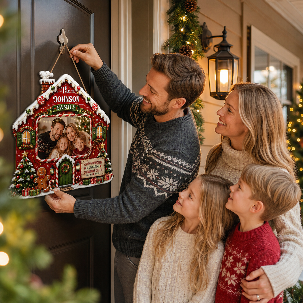 Personalized Gingerbread House Photo Custom Shape Wood Sign, Custom Family Picture Name Making Memories Wooden Hanging Plaque, Festive Christmas Door & Wall Decor Family Gift