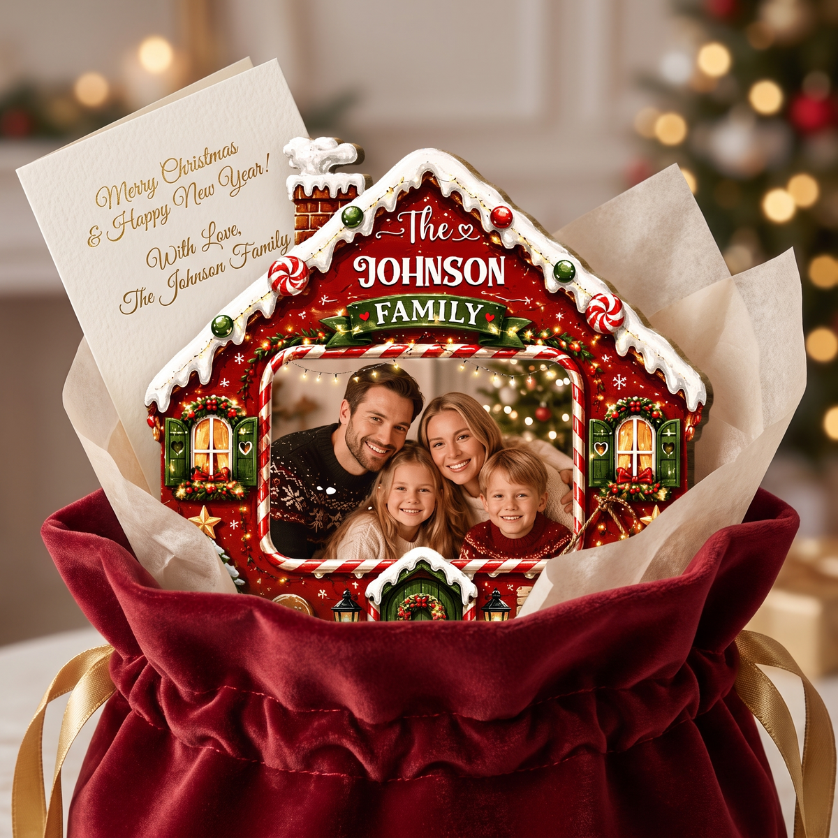 Personalized Gingerbread House Photo Custom Shape Wood Sign, Custom Family Picture Name Making Memories Wooden Hanging Plaque, Festive Christmas Door & Wall Decor Family Gift