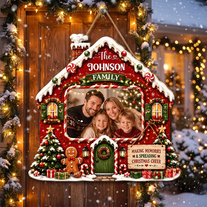 Personalized Gingerbread House Photo Custom Shape Wood Sign, Custom Family Picture Name Making Memories Wooden Hanging Plaque, Festive Christmas Door & Wall Decor Family Gift