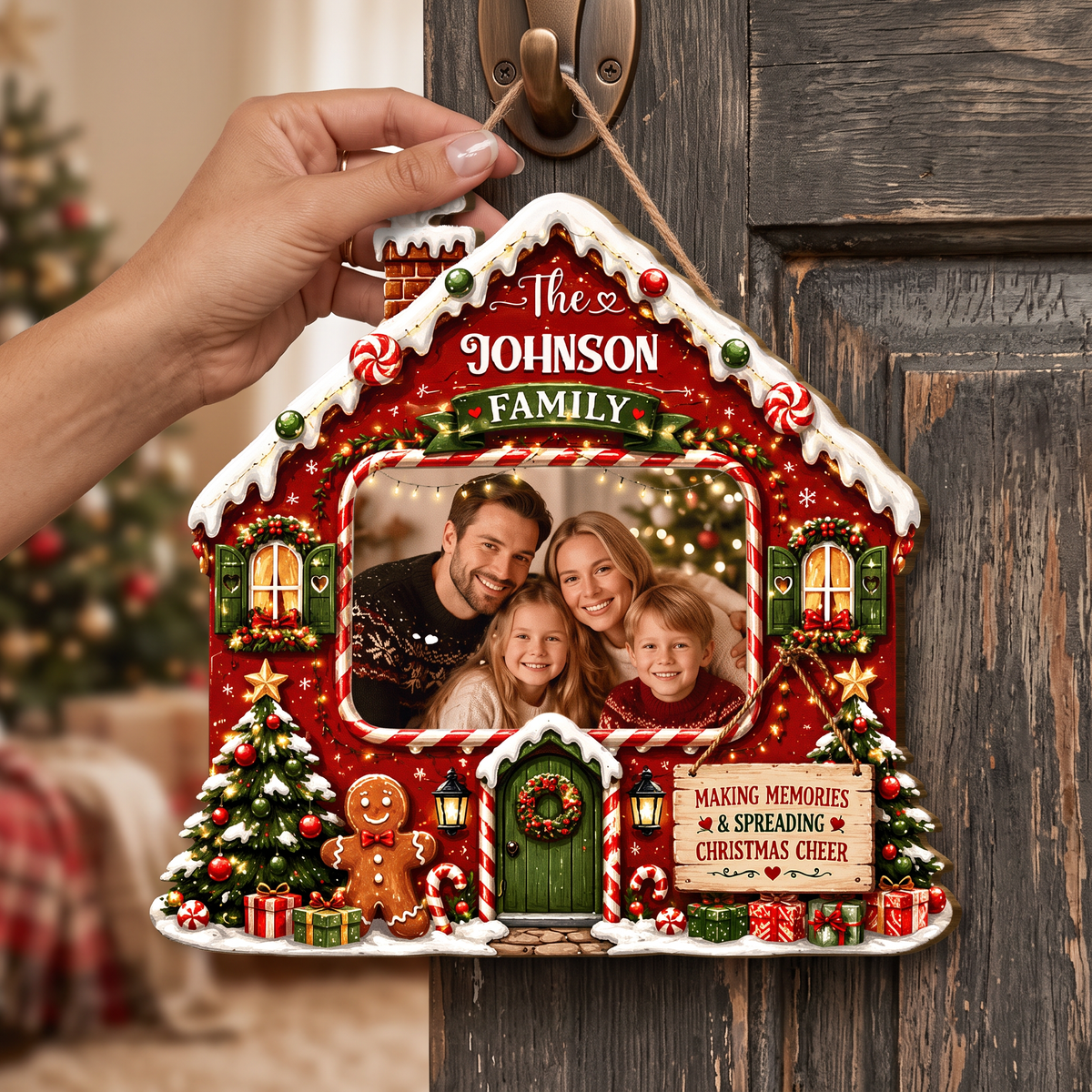 Personalized Gingerbread House Photo Custom Shape Wood Sign, Custom Family Picture Name Making Memories Wooden Hanging Plaque, Festive Christmas Door & Wall Decor Family Gift
