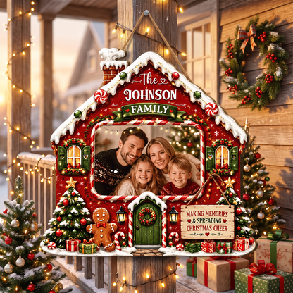 Personalized Gingerbread House Photo Custom Shape Wood Sign, Custom Family Picture Name Making Memories Wooden Hanging Plaque, Festive Christmas Door & Wall Decor Family Gift