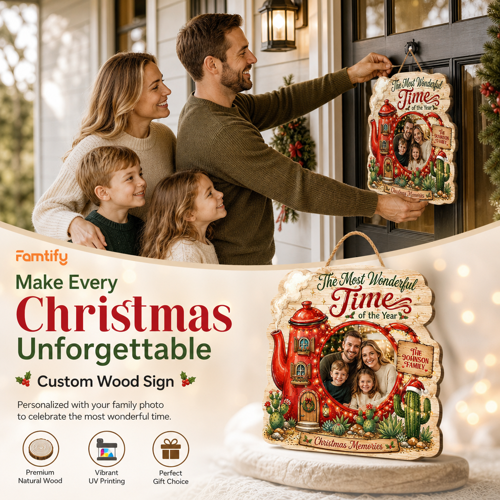 Personalized Christmas Teapot House Photo Custom Shape Wood Sign, Custom Family Picture Name The Most Wonderful Time Of The Year Wooden Hanging Plaque, Holiday Door & Wall Decor Family Gift