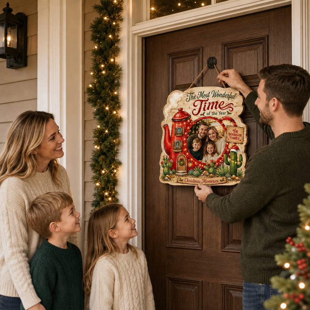 Personalized Christmas Teapot House Photo Custom Shape Wood Sign, Custom Family Picture Name The Most Wonderful Time Of The Year Wooden Hanging Plaque, Holiday Door & Wall Decor Family Gift