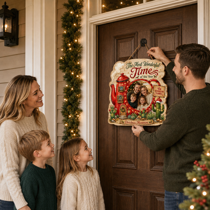 Personalized Christmas Teapot House Photo Custom Shape Wood Sign, Custom Family Picture Name The Most Wonderful Time Of The Year Wooden Hanging Plaque, Holiday Door & Wall Decor Family Gift