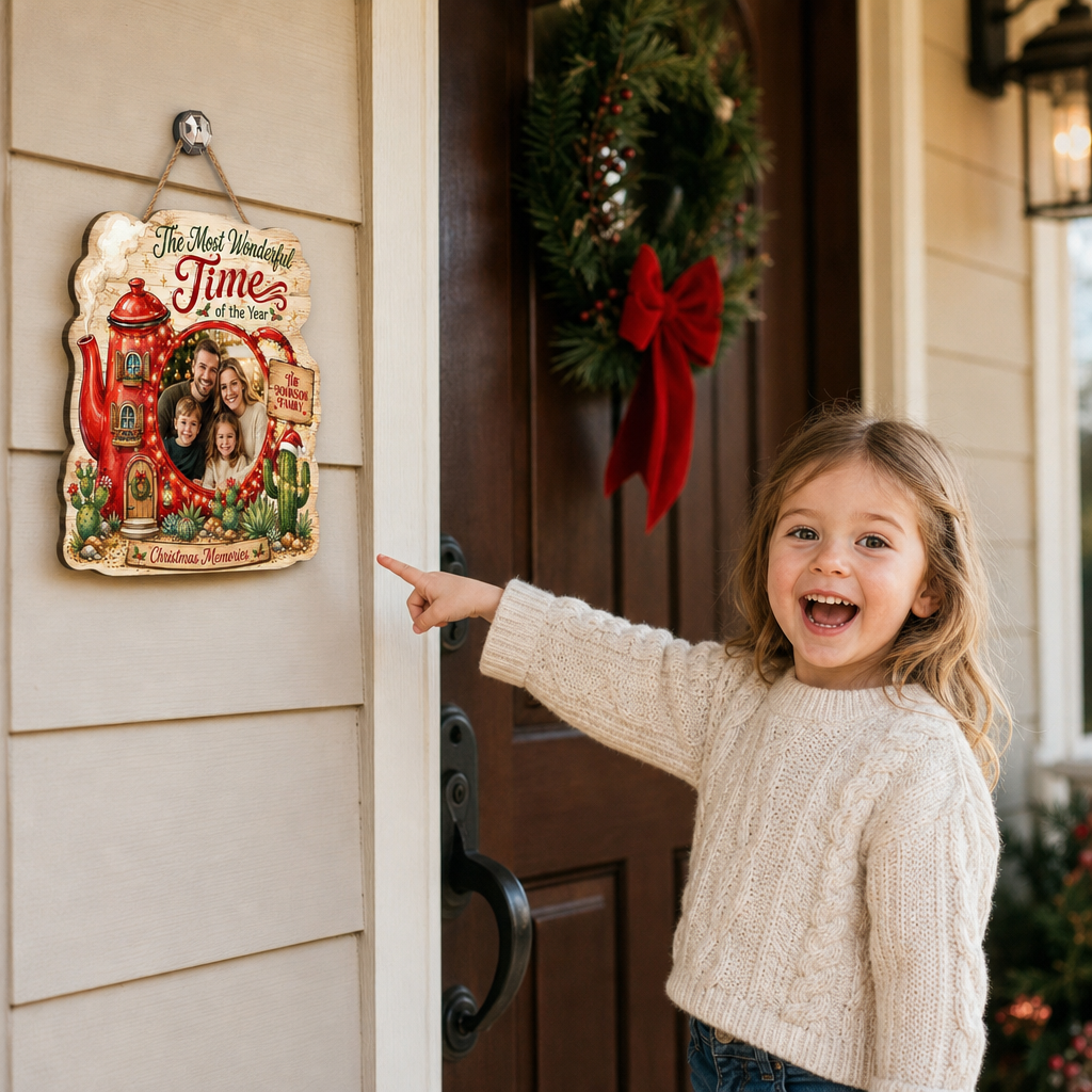 Personalized Christmas Teapot House Photo Custom Shape Wood Sign, Custom Family Picture Name The Most Wonderful Time Of The Year Wooden Hanging Plaque, Holiday Door & Wall Decor Family Gift