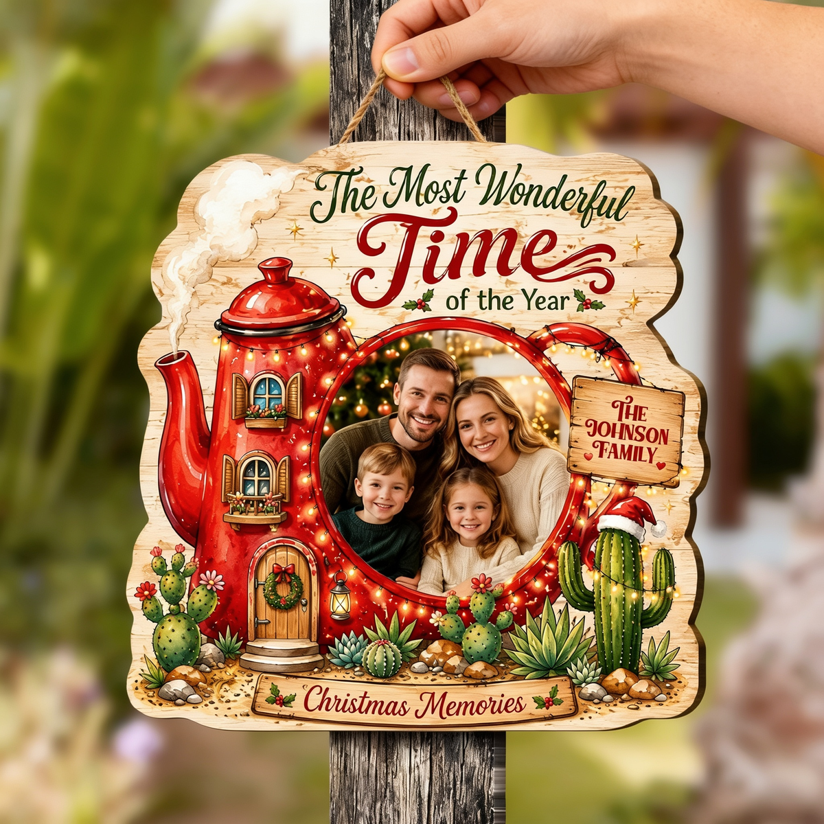Personalized Christmas Teapot House Photo Custom Shape Wood Sign, Custom Family Picture Name The Most Wonderful Time Of The Year Wooden Hanging Plaque, Holiday Door & Wall Decor Family Gift